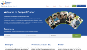 Blue and green branded accessible website for users with support needs with prominent search bar